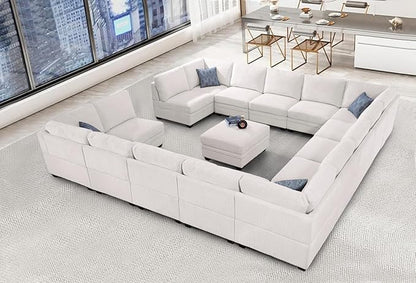 Wanderwell Oversized Modular Sectional Sofa, 16-Seater U Shaped Couches with Movable Ottoman,Corduroy Sectional Couch with Wide and Deep Seats Suitable for Living Room,Bedroom,Apartment (Cream, U-16)