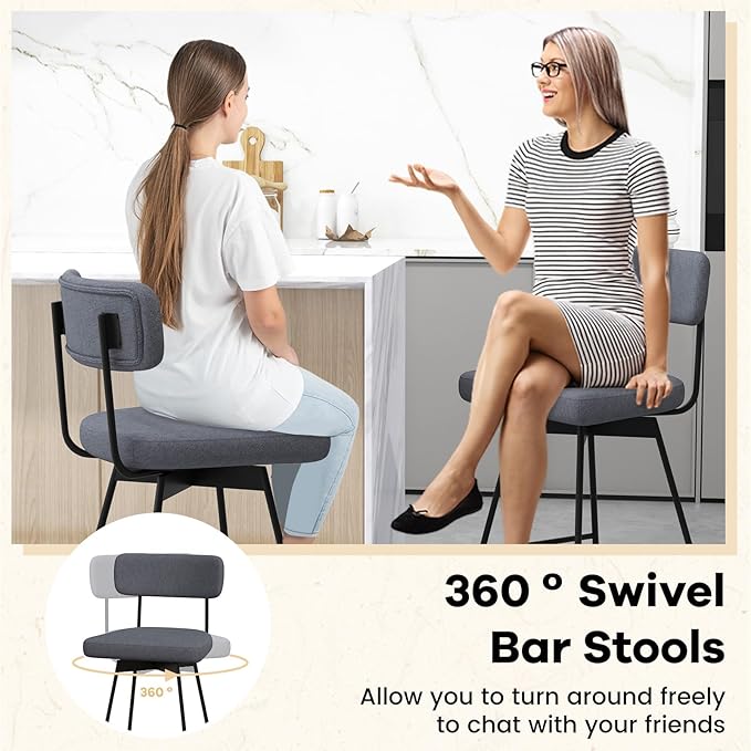 COSTWAY Bar Stools Set of 2, 25” Upholstered Counter Height Bar Stools with Back, 360° Swivel Dining Chairs with Heavy-Duty Metal Legs and Footrests, for Kitchen Island, Dining Room, Bar (2, Grey)