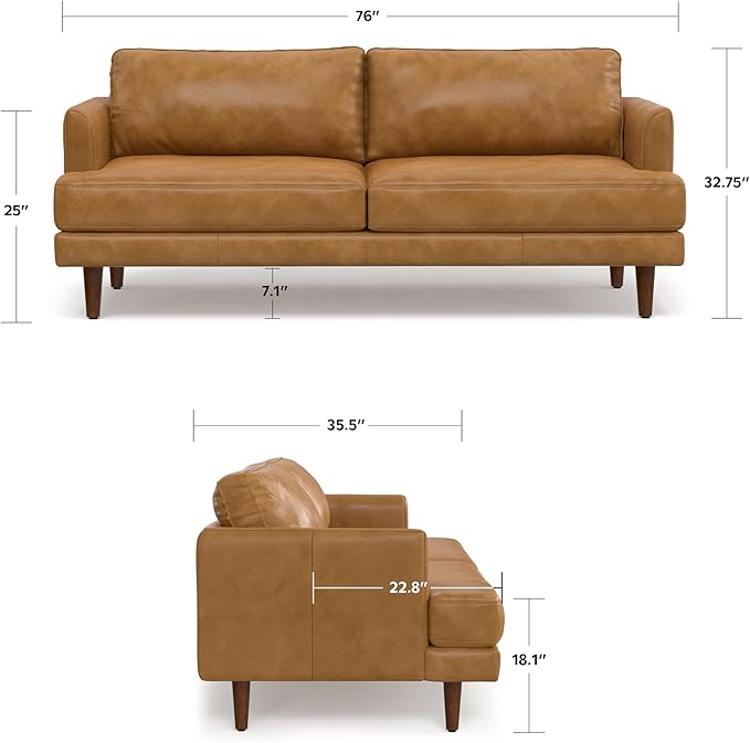 SIMPLIHOME Livingston 76-inch Wide Sofa in Sienna Top Grain Genuine Leather, Handcrafted Mid-Century Modern Loveseat for Living Room, Compact 2-Seater with Feather-Wrapped Cushions