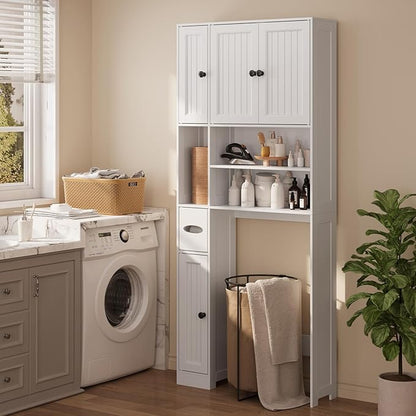 Ahomly Over The Toilet Storage Cabinet with Adjustable Shelves and Five Doors, Over Toilet Bathroom Organizer, Above Toilet Storage Cabinet with Open Shelves for Bathroom, Restroom, Laundry, White