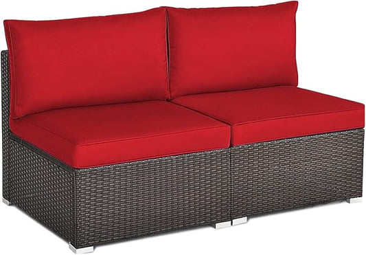 COSTWAY 2PCS PE Rattan Armless Sofa, Wicker Patio Conversation Set Chairs with Soft Cushion, Outdoor Sectional Furniture for Yard, Poolside (Red)