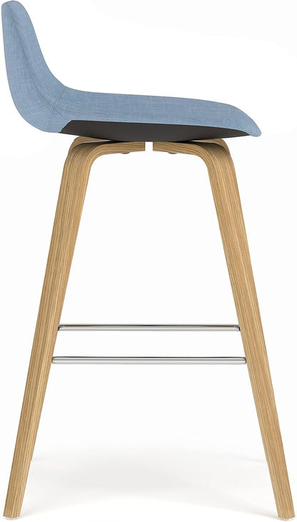 SIMPLIHOME Randolph Counter Stools (Set of 2) - 28 Inch Seat Height Upholstered Bentwood Kitchen Seats in Denim Blue Polyester Linen, Mid Century Modern Seating with Curved Backrest and Footrest