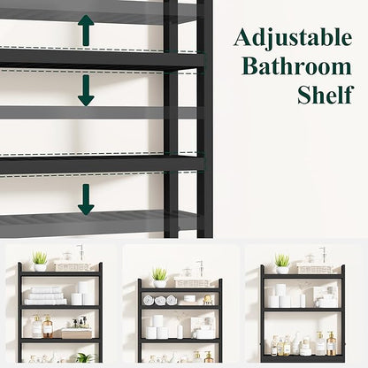 Smiry Over The Toilet Storage Cabinet, 4-Tier Bamboo Bathroom Organizers with Adjustable Shelf & 4 Hooks, Space Saving Shelf Rack for Bathrooms, Laundry Room, Balcony, Black
