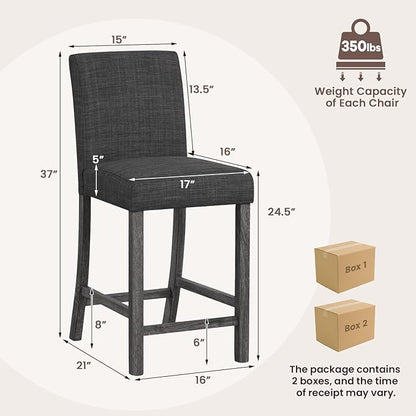 COSTWAY Counter Height Bar Stools Set of 4, 24.5’’ Upholstered Mid Century Modern Island Chairs with Rubber Wood Legs, Wooden Barstools for Kitchen, Dining Room, Bar, Restaurant (Grey)