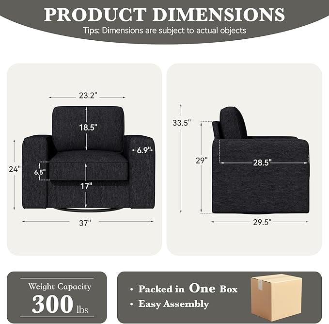 360 Rotation Swivel Accent Chair, FSC Certified 36'' Width Extra Wide Mid-Century Modern Armchair 1 pcs for Living Room, Bedroom, Office, Black