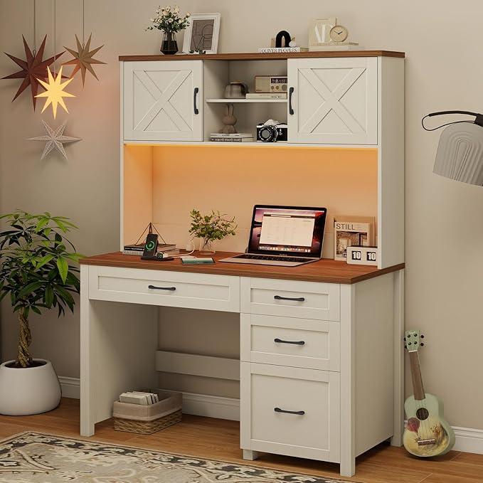 Farmhouse 67" H Executive Desk with Hutch,Office Desk with 4 Drawers and LED light, Wood Workstation for Home Office and Study, Computer Desk with Storage Cabinet & File Drawers and Charging Station