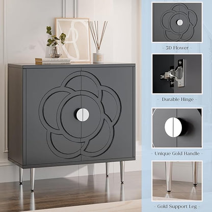 TOLEAD Storage Cabinet, Modern Sideboard Buffet Cabinet with Decorative Flower Pattern Doors, Accent Sideboard Cabinet for Living Room, Kitchen, Grey