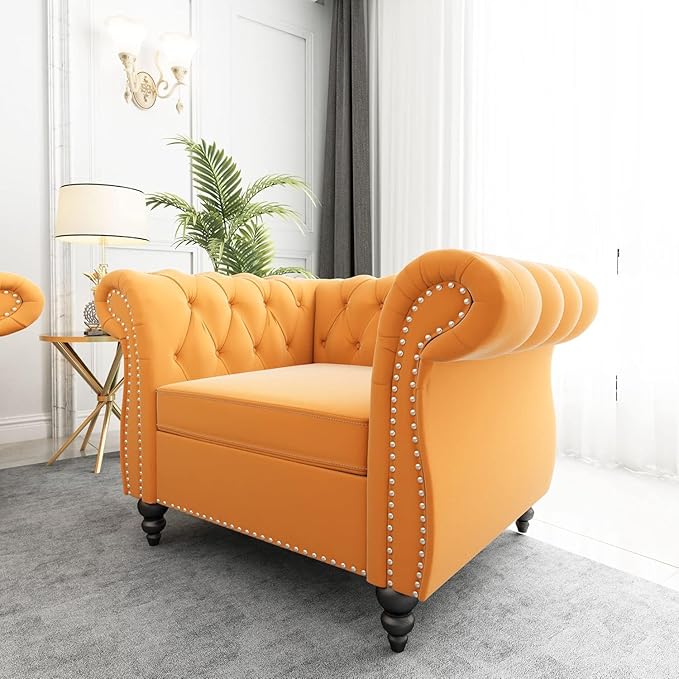 Living Room Chair, Modern Velvet Chesterfield Sofa Chair, Mid Century Single Sofa Couch Chair with Tufted Back and Rolled Arms, Accent Sofa Chair for Living Room Apartment, Yellow