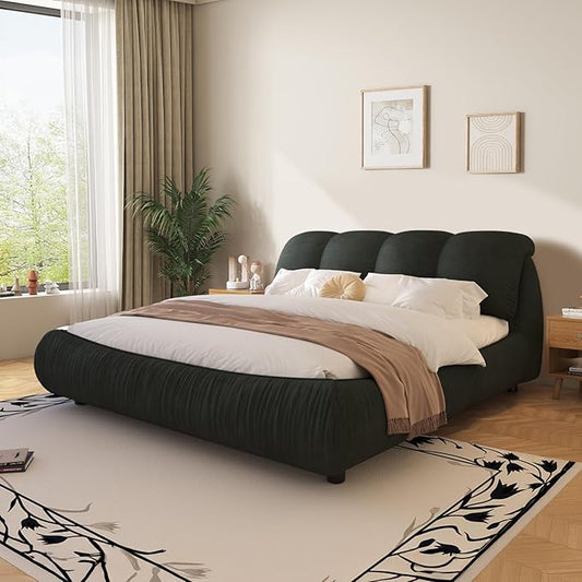 Queen Size Upholstered Platform Bed with Oversized Padded Backrest and Solid Wood Frame for Bedroom, Apartment Room, Black