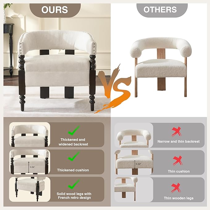 LOULENS Barrel Accent Chair, Vintage Chenille Upholstered Lounge Chair with Solid Wood Legs, Comfy Leisure Side Armchair for Living Room, Bedroom, Reading Nook, Corner, Beige