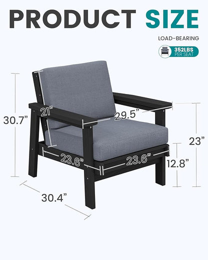 SERWALL HDPE Outdoor Couch Set of 2, Black Frame and Grey Cushion
