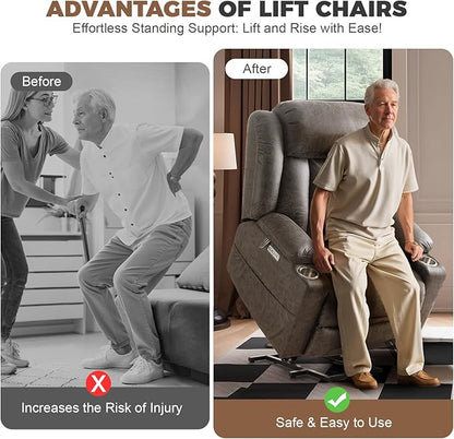 HUSFU Power Lift Recliner Chairs for Elderly with Massage and Heat, Extra Wide Oversized Recliners, Breathable Leather Lift Chairs w/Cup Holders, USB & Type-C Ports, Grey