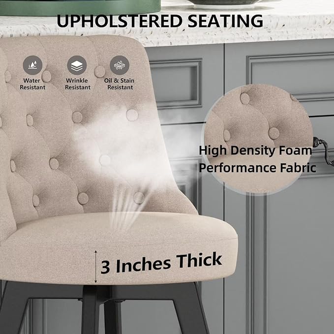 MINCETA Set of 2 Upholstered Bar Stools - 26 Inch Swivel Counter Height Stools with Low Tufted Back, Footrest & Performance Fabric - Round Seat for Kitchen Island & Home Bar Beige