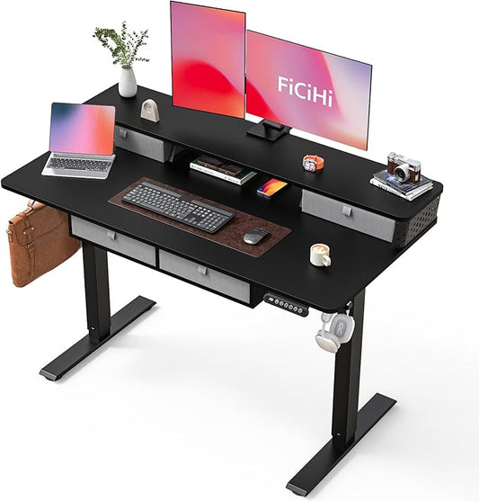 FiCiHi Adjustable Height Standing Desk with 4 Drawers,48 x 24 inches Electric Sit Stand Home Office Desk with Two Tiers, 3 Memory Presets, Monitor Stand Riser