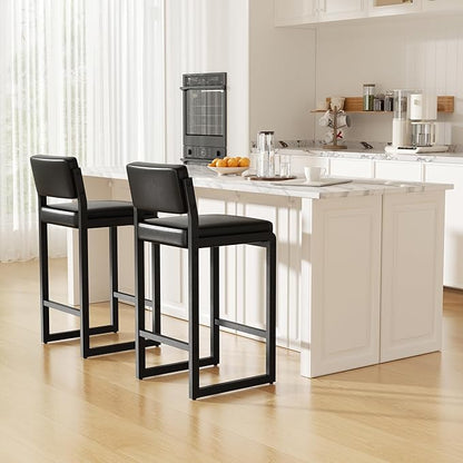 Bar Stools Set of 3, Faux Leather Counter Height Bar Stools with High Back and Metal Legs, Upholstered Bar Chairs, 26" Modern Barstools for Kitchen Island, Black