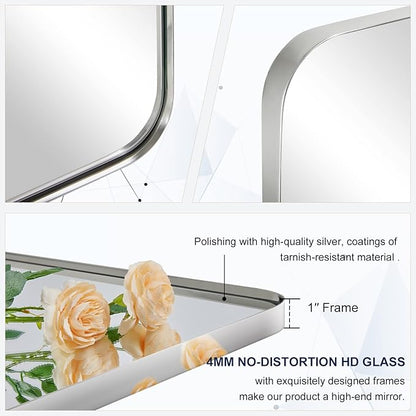ANDY STAR Chrome Bathroom Mirror, 24”x40” Polished Nickel Rounded Corner Rectangle Mirror, Modern Metal Frame Bathroom Vanity Mirror
