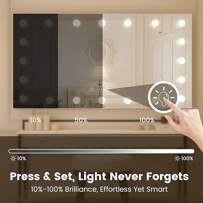 WTTY LED Bathroom Mirror with Lights 40"x28" Hollywood Wall-Mounted Mirror with 3 Color Temperatures, Stepless Dimmable Bulbs, Anti-Fog & Shatter-Proof