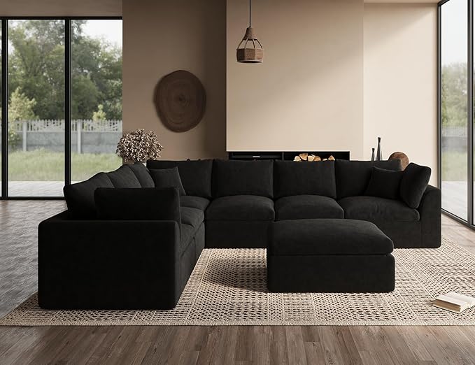 Oversized Sectional Couches for Living Room, Cloud Boneless Couch, 7 Seater Large Modular Sectional Sofa, Black