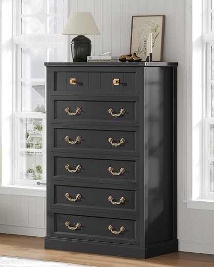 AOGLLATI Farmhouse Dresser with 6 Drawers, 51.2”Tall Wooden Chest of Drawers with Natural Texture, Vintage Design, Black Dresser for Bedroom, Black