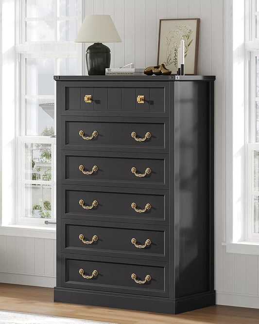 AOGLLATI Farmhouse Dresser with 6 Drawers, 51.2”Tall Wooden Chest of Drawers with Natural Texture, Vintage Design, Black Dresser for Bedroom, Black