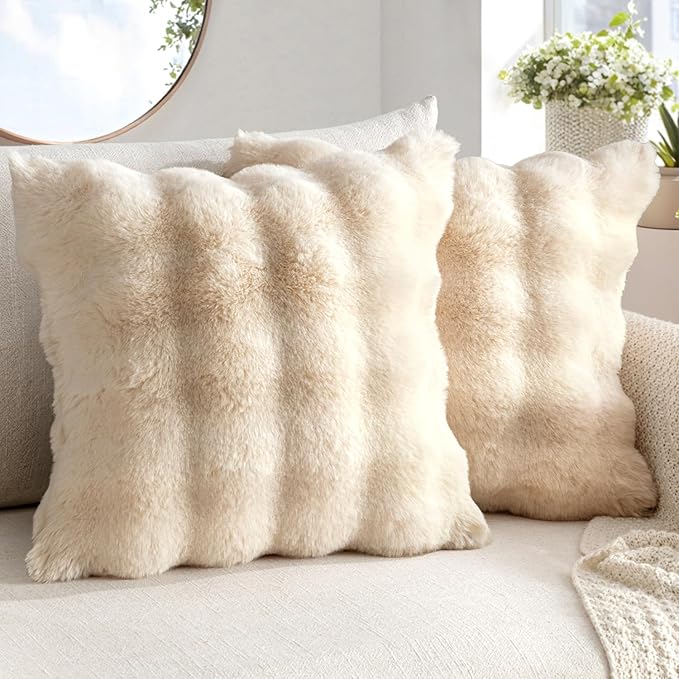 MIULEE Faux Fur Pillow Covers Thick Soft Plush Throw Pillows Luxury Home Decor for Couch Bed Bedroom Living Room Sofa,20x20 Inch Pack of 2 Beige
