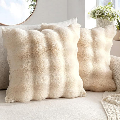 MIULEE Faux Fur Pillow Covers Thick Soft Plush Throw Pillows Luxury Home Decor for Couch Bed Bedroom Living Room Sofa,20x20 Inch Pack of 2 Beige