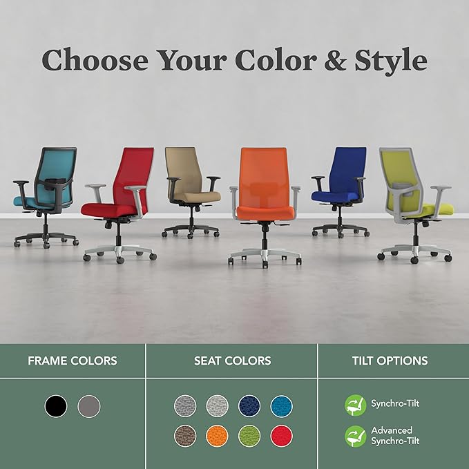 HON Ignition 2.0 Mid Back Task Chair, Spectrum Mesh, Standard Synchro-Tilt Control, Office Chair with Lumbar Support, Height and Width Adjustable Arms, Black Frame, Linen