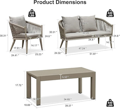 PURPLE LEAF 4 Pieces Patio Conversation Set Outdoor Wicker Furniture with Aluminum Table and Rattan Chairs Sofa Cushions Included for Porch Backyard Garden Balcony Champagne
