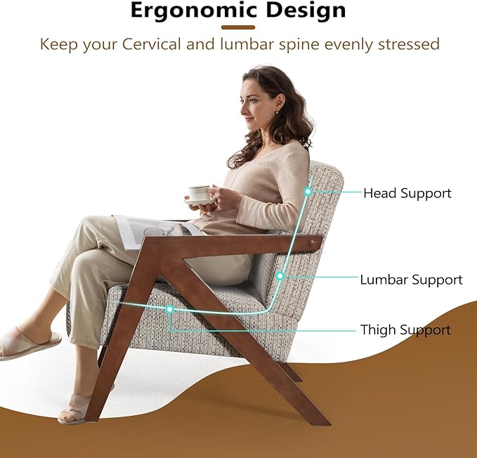 Bonzy Home Mid-Century Modern Accent Chair Set of 2 with Wood Frame, Upholstered Armchair for Bedroom & Living Room, Linen Fabric Cushion, Z-Shaped Armrest Design, Sturdy Lounge Chair,Brown