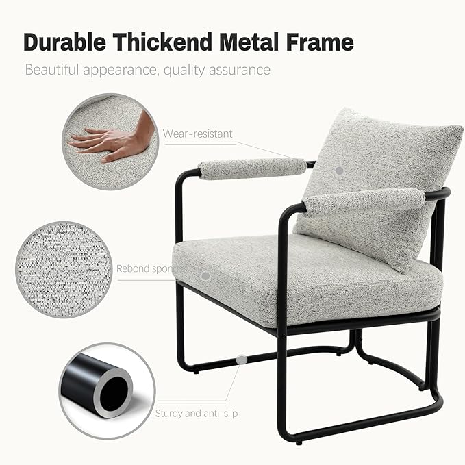 Single Accent Chair for Living Room, Mid Century Modern Upholstered Reading Armchair for Bedroom, Office, with Comfy Chenille Cushion Back & Metal Frame, Light Grey