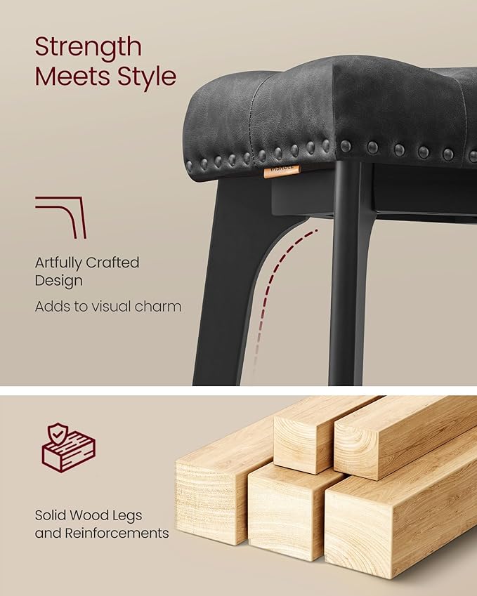 VASAGLE Bar Stools Set of 2, Saddle Counter Height Bar Stools, 26-Inch Backless Kitchen Stools with Wood Legs, PU Leather Thickened Upholstered Barstools for Kitchen Island Dining Room, Ink Black