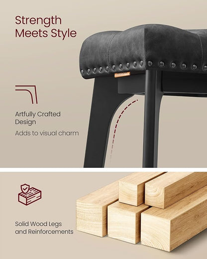 VASAGLE Bar Stools Set of 2, Saddle Counter Height Bar Stools, 26-Inch Backless Kitchen Stools with Wood Legs, PU Leather Thickened Upholstered Barstools for Kitchen Island Dining Room, Ink Black
