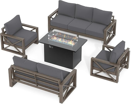 UDPATIO 5 Piece Aluminum Patio Furniture Set with Fire Pit Table,Faux Wood Patio Conversation Set with Olefin Fabric Thick Cushions, Aluminum Outdoor Furniture, 600D Waterproof Cover Included, Grey