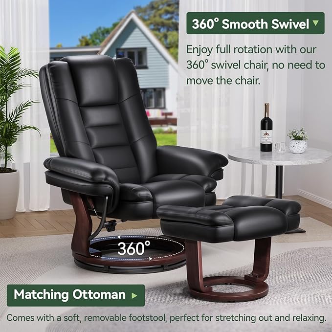 Swivel Recliner Chair with Ottoman, Adjustable PU Leather Recliner with Wood Base, Thick Padded Cushion, Modern Reclining Chair & Ottoman Set for Living Room, Bedroom, Office, Small Spaces (Black)