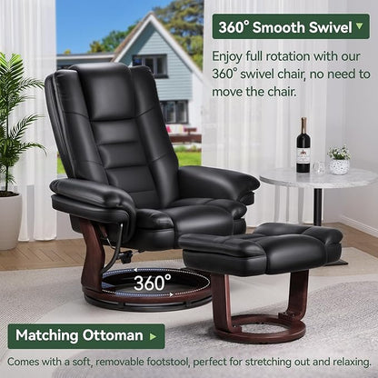 Swivel Recliner Chair with Ottoman, Adjustable PU Leather Recliner with Wood Base, Thick Padded Cushion, Modern Reclining Chair & Ottoman Set for Living Room, Bedroom, Office, Small Spaces (Black)