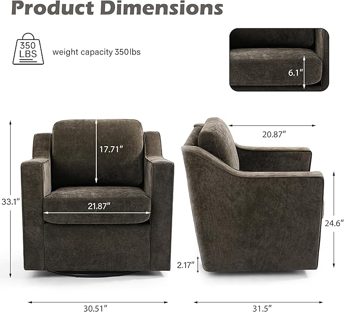 UIXE Swivel Accent Chair Set of 2, Chenille Upholstered Arm Chair for Living Room, Modern Club Armchair Comfy Single Sofa Bedroom Reading Seat with Lumbar Pillow - Coffee