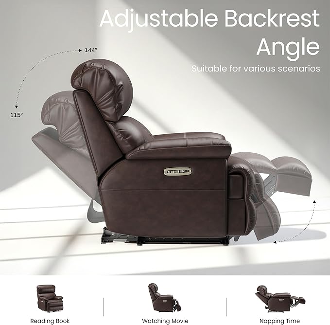 COLAMY Triple Motors Power Recliner Chair with Power Headrest & Lumbar Support Independent Adjustment for Living Room, Leather Electric Recliner Sofa Chair, Dark Brown