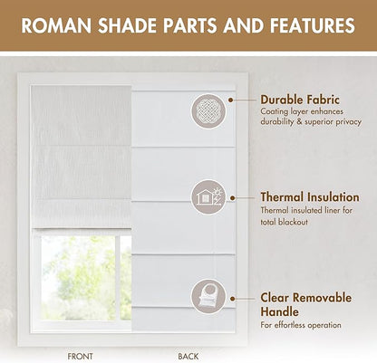 Madison Park Cordless Roman Shades, Total Blackout Window Blind Privacy Window Shades, Thermal Insulated Cordless Window Treatment for Bedroom, Living Room, Quincy, Single Panel 35" W X 64" H White
