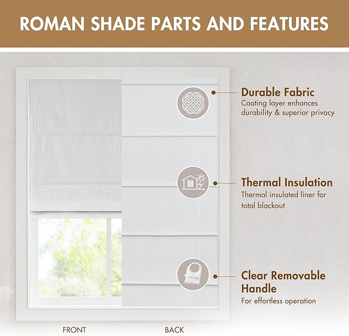 Madison Park Cordless Roman Shades, Total Blackout Window Blind Privacy Window Shades, Thermal Insulated Cordless Window Treatment for Bedroom, Living Room, Quincy, Single Panel 34" W X 64" H White