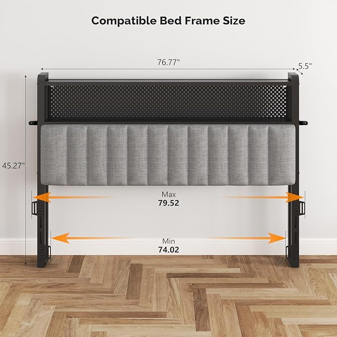 VINGLI King Size Headboard Only, Adjustable Upholstered Headboard with 2 Tier Shelves and Pegboard with Charging Stations and LED Lights, Modern Bed Headboard with Storage for Bedroom Decor