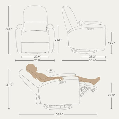 Watson & Whitely Swivel Glider Chairs, Nursery Rocking Chairs Power Recliner with Pillow Lumbar Support Charging Ports & Solid Wood Base for Living Room, Grey