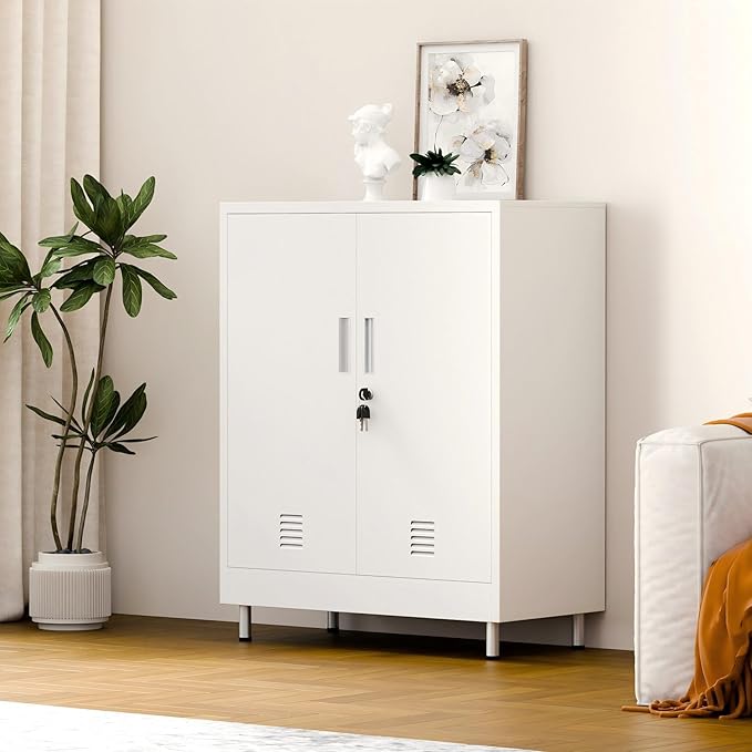 Metal Storage Cabinet with Locking Doors and Adjustable Shelves, Small Lockable Storage Cabinet for Home Office Garage Pantry Entryway Living Room (White)