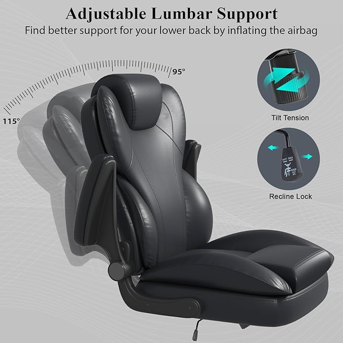 Office Desk Chair, Executive Leather Office Chair, High Back Ergonomic Home Desk Chair with Padded Flip-up Arms, Big and Tall Computer Chair with Rocking Function, 360°Swivel Free, Black