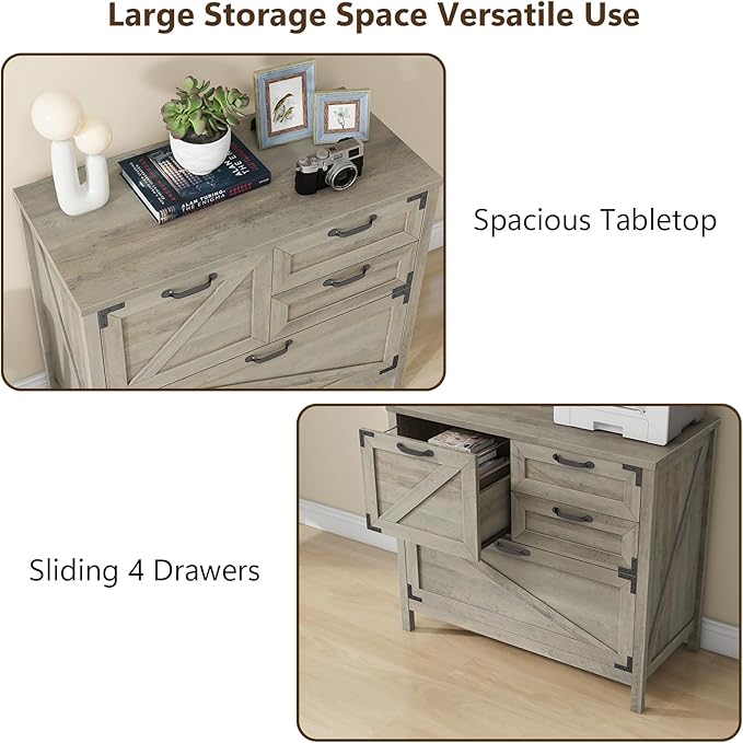 Lateral File Cabinet with 4 Drawers, Farmhouse File Cabinet for Letter/Legal/A4 Size Hanging Files, Large Wood File Storage Cabinets Printer Stand for Home Office Cabinets, Rustic Grey