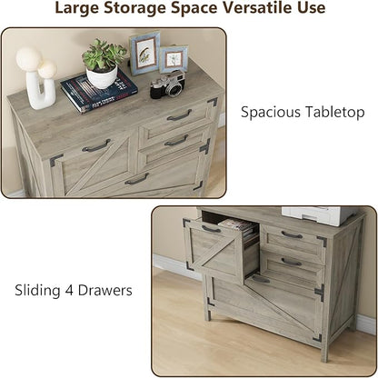 Lateral File Cabinet with 4 Drawers, Farmhouse File Cabinet for Letter/Legal/A4 Size Hanging Files, Large Wood File Storage Cabinets Printer Stand for Home Office Cabinets, Rustic Grey