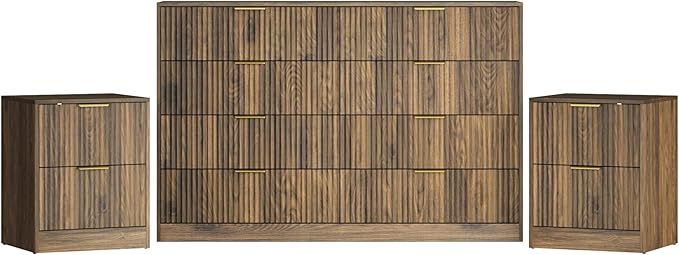 3-Piece Modern Bedroom Furniture Set, Wide 8-Drawer Dresser & 2-Drawer Nightstands Set of 2, Natural Wood Dresser and Nightstand Sets for Bedroom, Hallway, Walnut