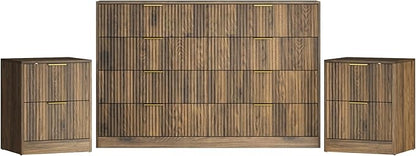 3-Piece Modern Bedroom Furniture Set, Wide 8-Drawer Dresser & 2-Drawer Nightstands Set of 2, Natural Wood Dresser and Nightstand Sets for Bedroom, Hallway, Walnut