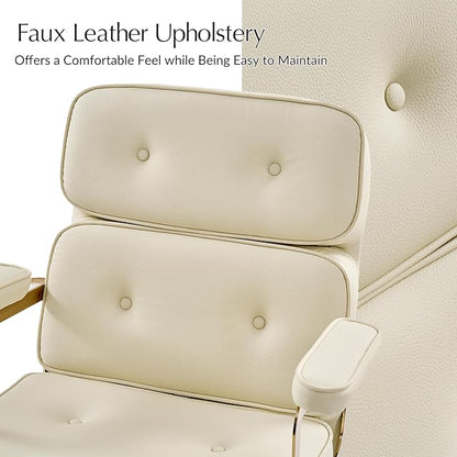 HULALA HOME Faux Leather Office Desk Chair with Golden Metal Legs, Comfy Upholstered Computer Chair with Tufted Backrest & Thick-Cushion Padded Armrest, Height Adjustable and 360°Swivel, Ivory