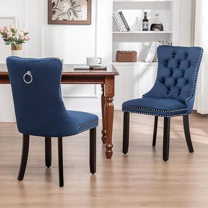 Velvet Dining Chairs Set of 4, Upholstered Dining Room Chairs with Nailhead Ring Pull Trim, Button Tufted Wing Back Chairs for Dining with Solid Wood Legs for Kitchen Dining Room(Blue)