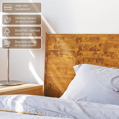 Acacia Haven King Wooden Bed Frame, 100% Solid Wood Platform Bed with Headboard, All Mattress Support & No Box Spring Needed, Effortless Assembly, 800 lbs Capacity, Caramel.